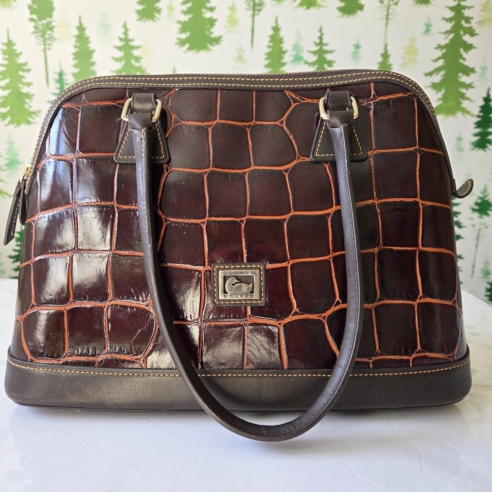 Dooney & Bourke Cognac Brown Croco Embossed Leather Domed Satchel